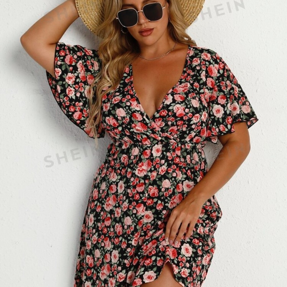 Floral Wrap Dress with Pink and Red Flowers